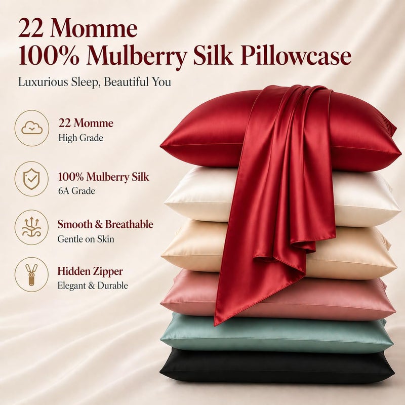 ROSEWARD Red Silk Pillowcase for Hair and Skin, 22 Momme Mulberry Silk Pillow Case with Zipper, 6A Grade Organic Fabric, Cooling, Anti Acne, Soft, 1 Pc 20"x30" (Queen, Red) - Image 2