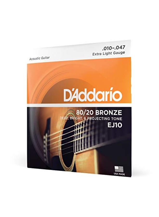 د'اداريو أسلاك جيتار صوتي، 80/20 برونز، EJ10، سُمك خفيف جداً 10-47، مجموعة 6 أوتار، عبوة واحدة - Image 1
