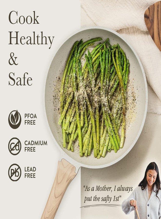 كاروت طقم مقلاة كاروت غير لاصقة، مقلاة أومليت، مقلاة جرانيت صحية وغير سامة، مقلاة بيض متوافقة مع المواقد الحثية بمقبض مقاوم للحرارة، خالية من حمض البيرفلوروكتانويك، لون أبيض كريمي، 8 بوصات + 10 بوصات + 12 بوصة - Image 4