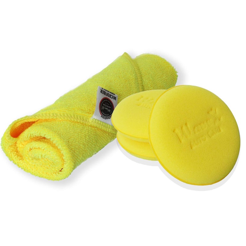 Wavex Ultrafine Foam Applicator + Microfiber Cloth 350GSM 40X40CM (Pack of 1 Microfiber, 3 Foam Applicators Yellow) - Image 1