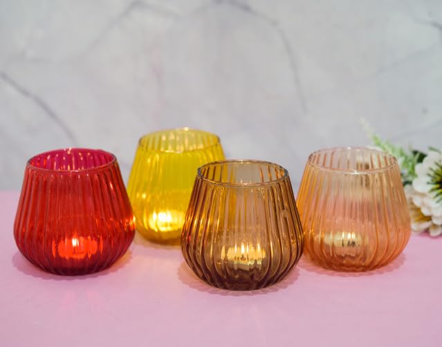 OGGN Glass Ribbed Candle Holder SetTLight Holder for Diwali Decoration Items Multi Pack of 4 - Image 3