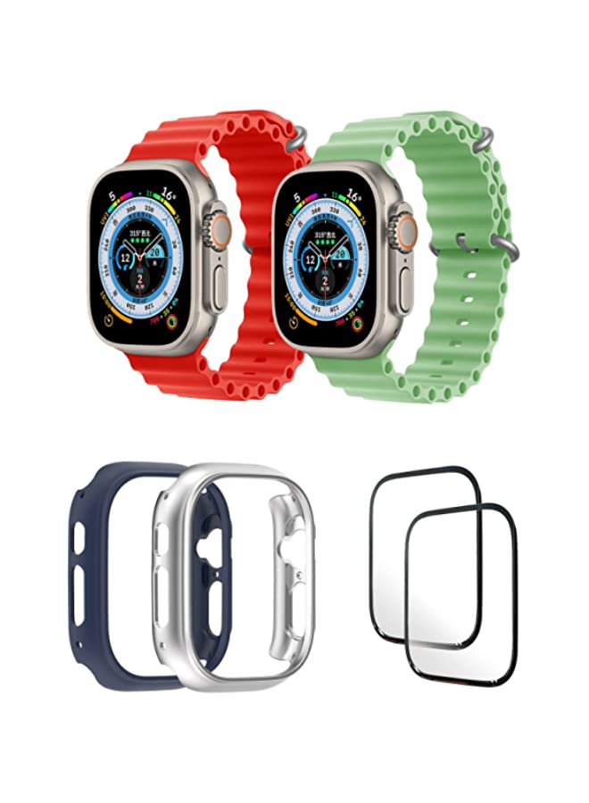 IAF Silicone Ocean Band Strap for Apple Watch Ultra 8 49mm Red/Mint Green , Case Compatible with Apple Watch Ultra 49mm Blue/Silver , 2* pcs Watch glass Set of 6