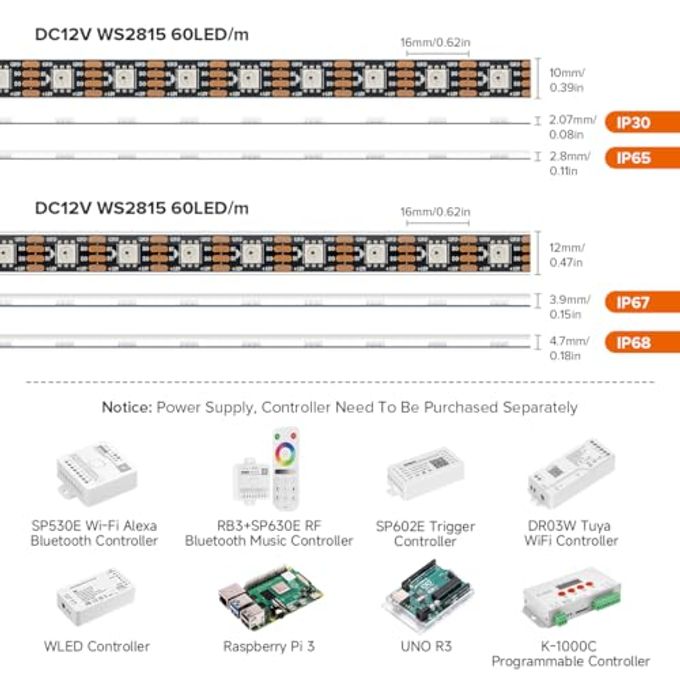 BTF-LIGHTING WS2815 (Upgraded WS2812B) 16.4ft 300 Pixels Magic Dream Color Individually Addressable RGB LED Flexible Strip Light 5050 SMD Dual Signal IP65 Silicone Coating Waterproof DC12V Black PCB - Image 2
