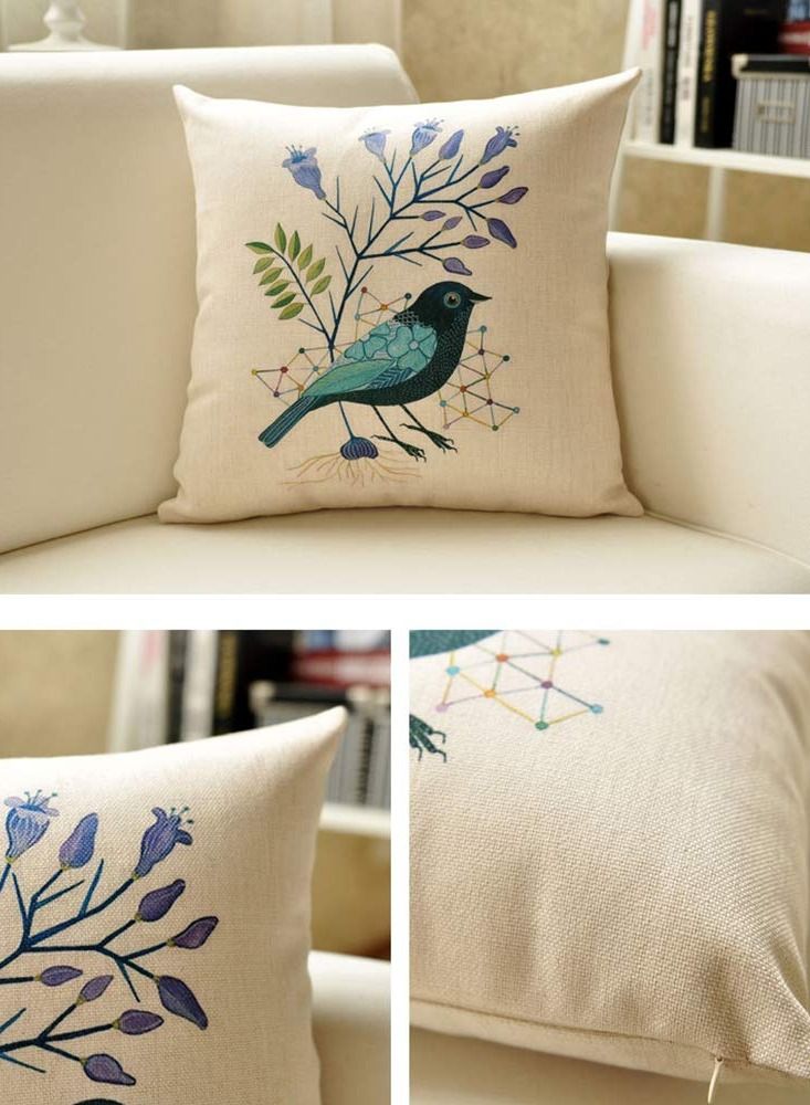 SYOSI Pillowcase Cushion Cover Square Pillowcase Floral Bird Cotton Linen Tape Invisible Zipper Pillowcase Upholstery Sofa for Bedroom Sofa Terrace Office (Set of 4, 18 x 18 in/45 x 45 cm) - Image 3