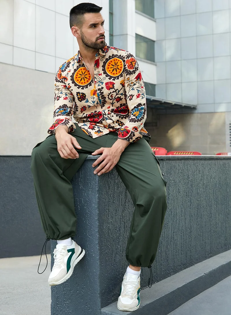 Campus Sutra Men's Multicolour Ethnic Floral Shirt For Casual Wear | Spread Collar | Long Sleeve | Button Closure | Cotton Shirt Crafted With Comfort Fit For Everyday Wear