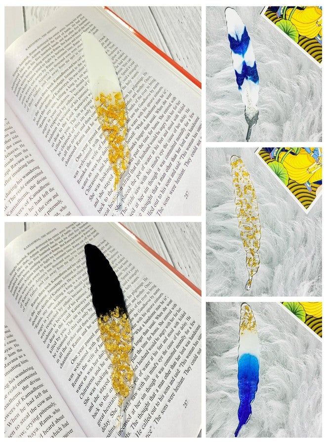 ITZYL Feather Resin Handmade Bookmark Combo for Women Teacher Kids Book Lovers Gift (Pack of 5)-Sparking Gold+White Ombre+Golden Flakes Black+Blue Spark+Golden Flakes White - Image 2