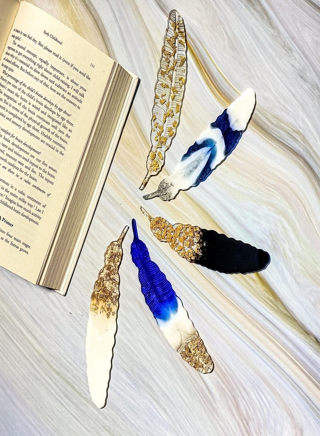 ITZYL Feather Resin Handmade Bookmark Combo for Women Teacher Kids Book Lovers Gift (Pack of 5)-Sparking Gold+White Ombre+Golden Flakes Black+Blue Spark+Golden Flakes White - Image 1