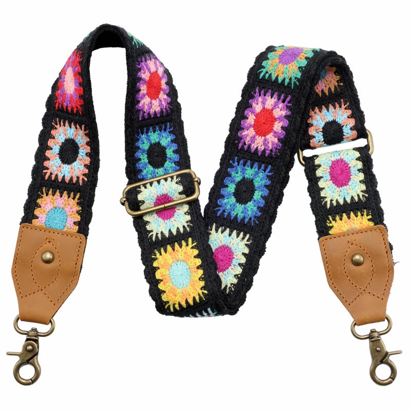 Nefelibata Purse Strap-2" Crazy Horse Leather Wide Shoulder Strap Adjustable Replacement,Retro knit Embroidery Multi-pattern Crossbody Bag Straps for Handbag,Crossbody Bags(Black Knit Embroidery) - Image 1