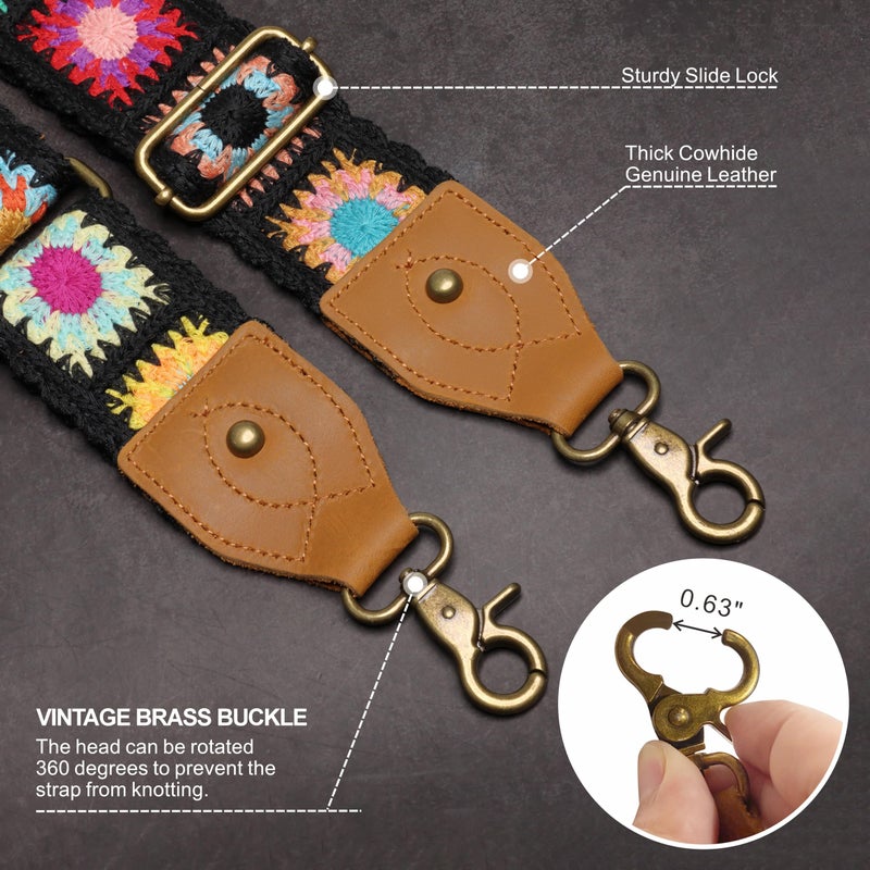 Nefelibata Purse Strap-2" Crazy Horse Leather Wide Shoulder Strap Adjustable Replacement,Retro knit Embroidery Multi-pattern Crossbody Bag Straps for Handbag,Crossbody Bags(Black Knit Embroidery) - Image 3