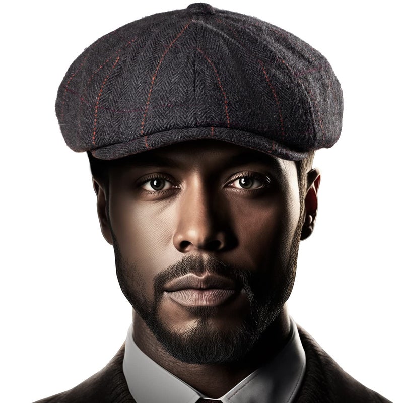 LADYBRO 8 Panel Newsboy Hats for Men Cap Irish Wool Blend (Plaid Black, L/XL, 7 5/8) - Image 1