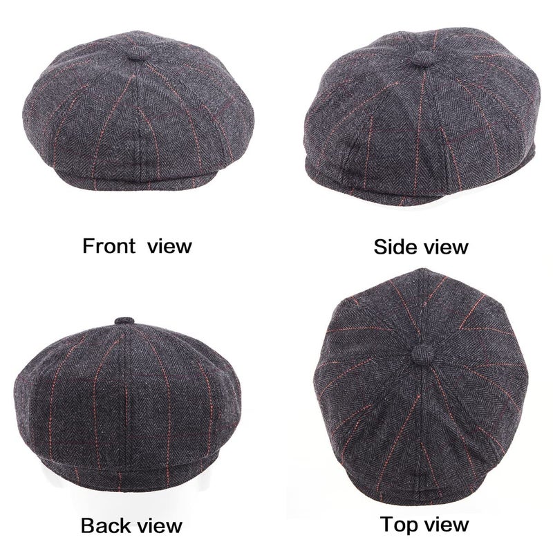 LADYBRO 8 Panel Newsboy Hats for Men Cap Irish Wool Blend (Plaid Black, L/XL, 7 5/8) - Image 3