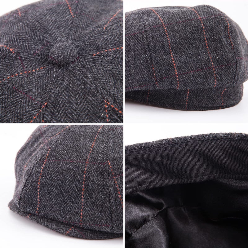 LADYBRO 8 Panel Newsboy Hats for Men Cap Irish Wool Blend (Plaid Black, L/XL, 7 5/8) - Image 4