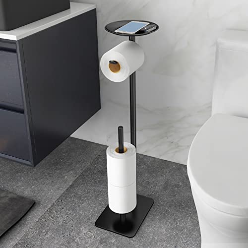 FEILERN Toilet Paper Holder Stand for Bathroom Floor Standing Toilet Roll Dispenser Storages 4 Reserve Rolls, with Top Storage Shelf for Cell Phones, Wipe, Wallet and More(Black) - Image 1