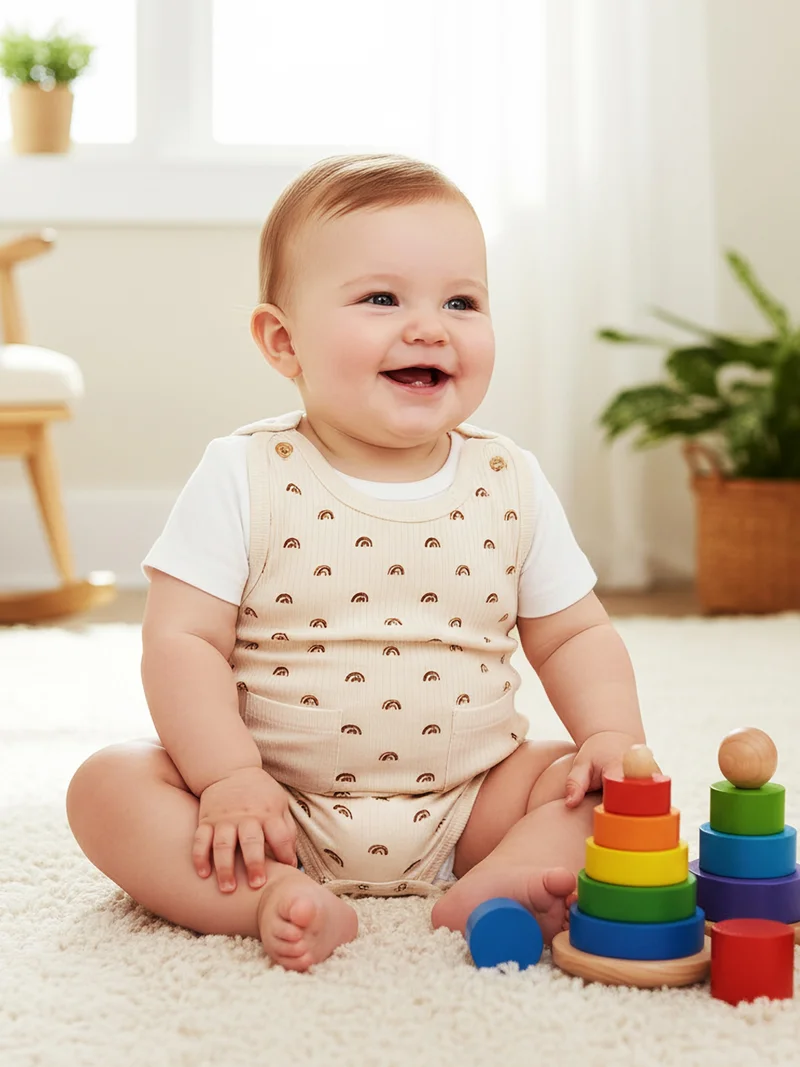 Babies Basic Babies Basic Ribbed Cotton Dungaree with Short Sleeves T-shirt