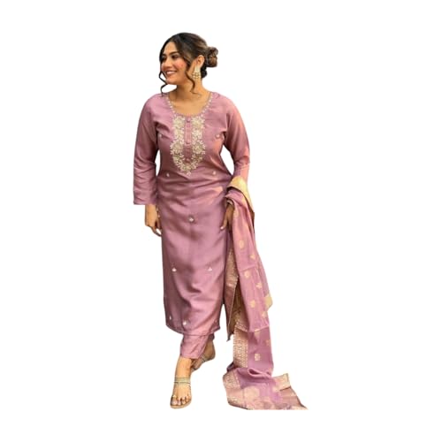 Shiv Textiles Women's Chanderi Silk Embroidered Kurta Pant Dupatta Set(JDA-Vanni-Onion-XL) - Image 1