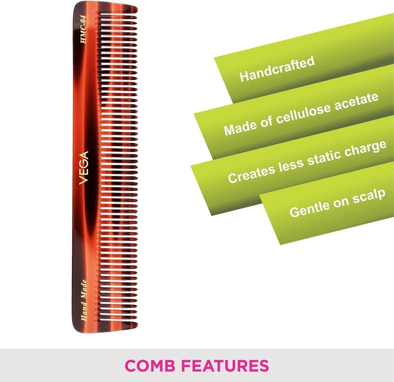 VEGA Handmade Tortoise Shell Wide Coarse Tooth Dressing Comb for Men & Women | Anti-Static Detangling Hair Comb for Daily Grooming, Brown - Image 2
