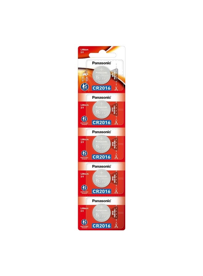 Panasonic Lithium 3V Coin Battery CR2016, Pack of 5