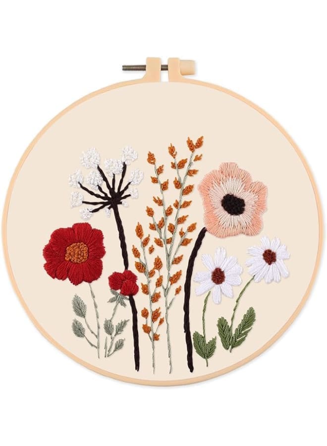 Yellow Flower Leaves Embroidery Kit Starter Set, Hand Embroidery Set,Pattern Printed Cross Stitch Set for Beginner Adults, with Embroidery Hoop and Instructions (Flower 1) - Image 1