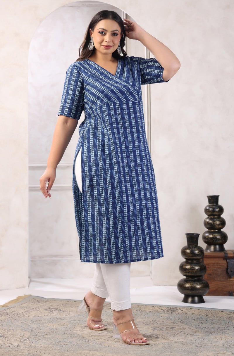 Janasya Women's Plus Size Indigo Pure Cotton Floral Printed Straight Kurta (XLB24KR00645-6XL) - Image 5