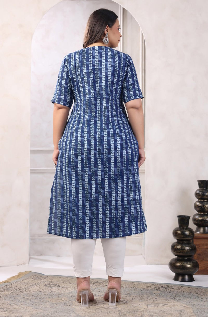 Janasya Women's Plus Size Indigo Pure Cotton Floral Printed Straight Kurta (XLB24KR00645-6XL) - Image 4