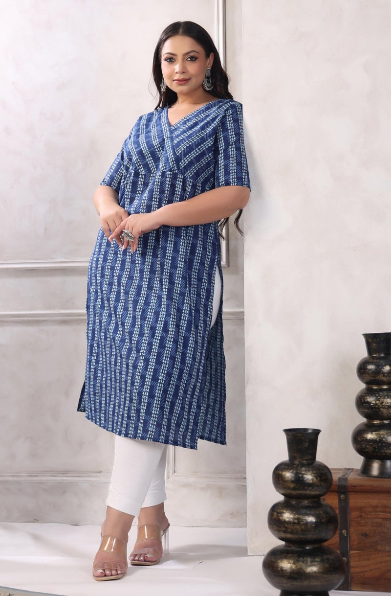 Janasya Women's Plus Size Indigo Pure Cotton Floral Printed Straight Kurta (XLB24KR00645-6XL) - Image 3