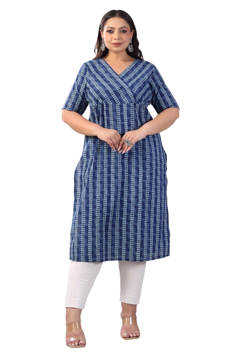 Janasya Women's Plus Size Indigo Pure Cotton Floral Printed Straight Kurta (XLB24KR00645-6XL) - Image 1