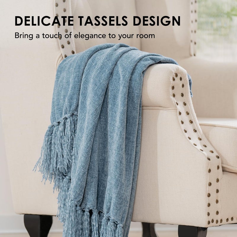 EVERGRACE Soft Chenille Throw Blanket for Couch  Cozy Plush Fuzzy Decorative Chenille Knit Throw Blanket with Tassels  Lightweight Blanket and Throws for Bed Sofa Gift Home Decor  Cloud Blue 50""x60"" - Image 2