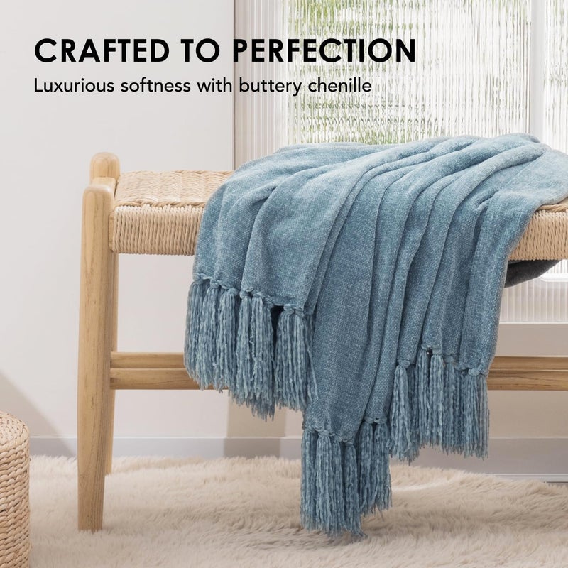 EVERGRACE Soft Chenille Throw Blanket for Couch  Cozy Plush Fuzzy Decorative Chenille Knit Throw Blanket with Tassels  Lightweight Blanket and Throws for Bed Sofa Gift Home Decor  Cloud Blue 50""x60"" - Image 4