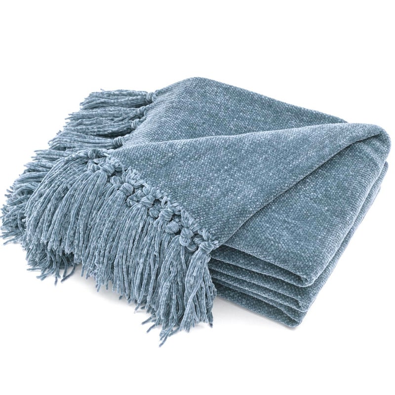 EVERGRACE Soft Chenille Throw Blanket for Couch  Cozy Plush Fuzzy Decorative Chenille Knit Throw Blanket with Tassels  Lightweight Blanket and Throws for Bed Sofa Gift Home Decor  Cloud Blue 50""x60"" - Image 1