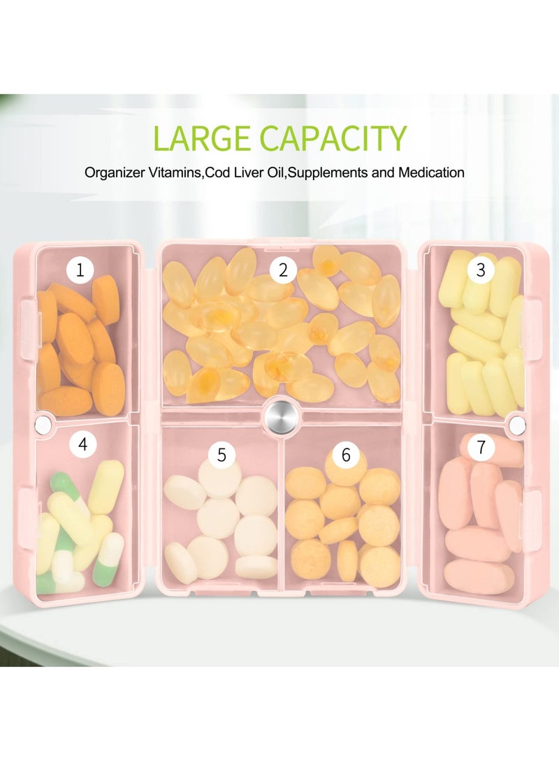 SYOSI 2 Pcs Pill Organizers, Portable Daily Pill Organizer Box 7 Compartments Travel Pill Case Pocket Pill Box for Vitamins, Cod Liver Oil, Supplements and Medication (Pink) - Image 2