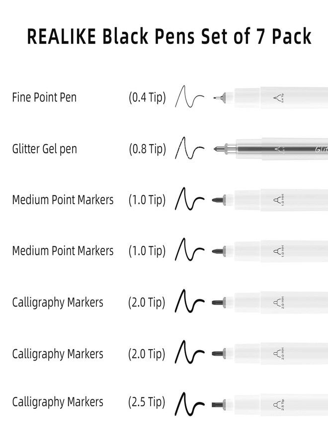 REALIKE Black Pens Set Compatible with Cricut Joy/Xtra, 7 Pack Variety Pens Include Fine Point Pen,Glitter Gel, Marker, Calligraphy Writing Drawing Pens - Image 2