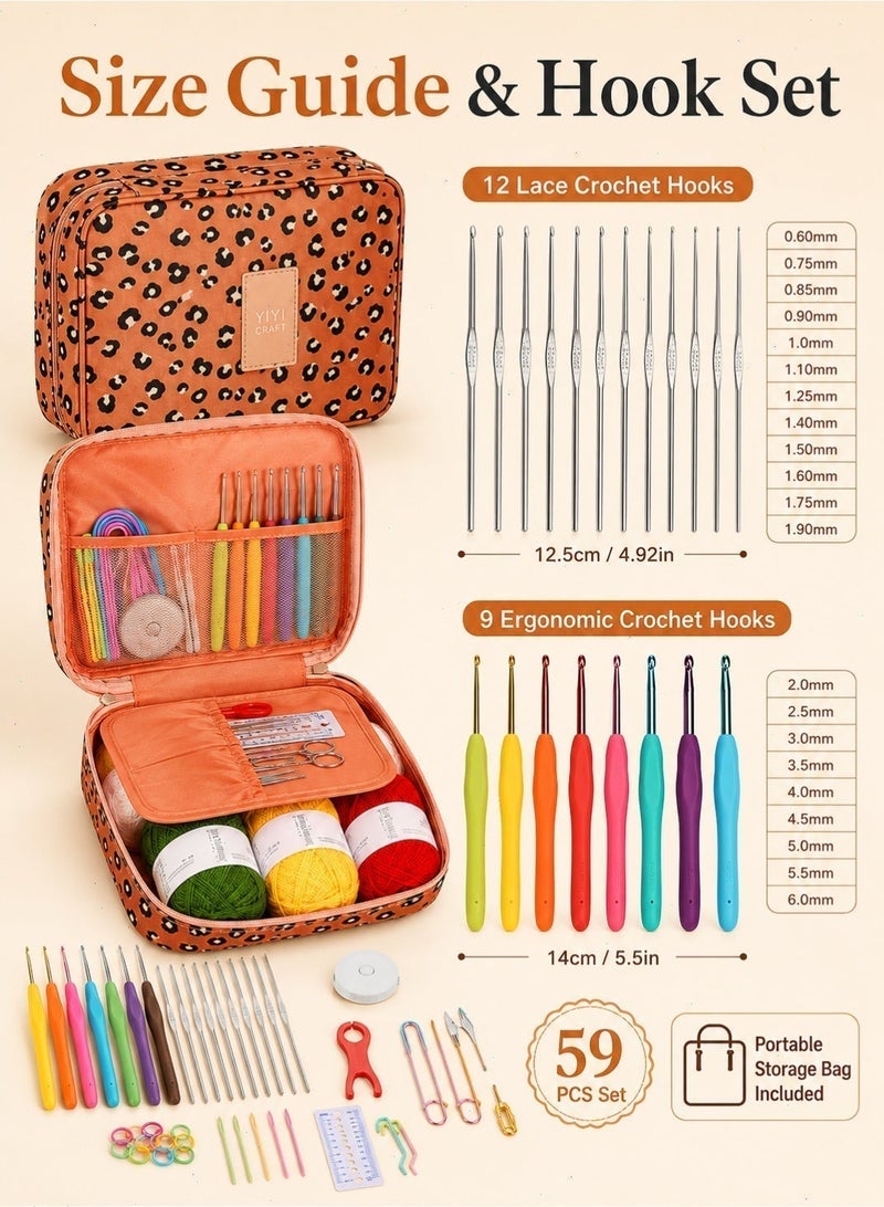 58PCS Crochet Kit for Beginners, Portable Crochet Hook Set with Yarn, Ergonomic Hooks, Lace Hooks and Storage Bag for Adults, Teens, Mother and Grandma - Image 2