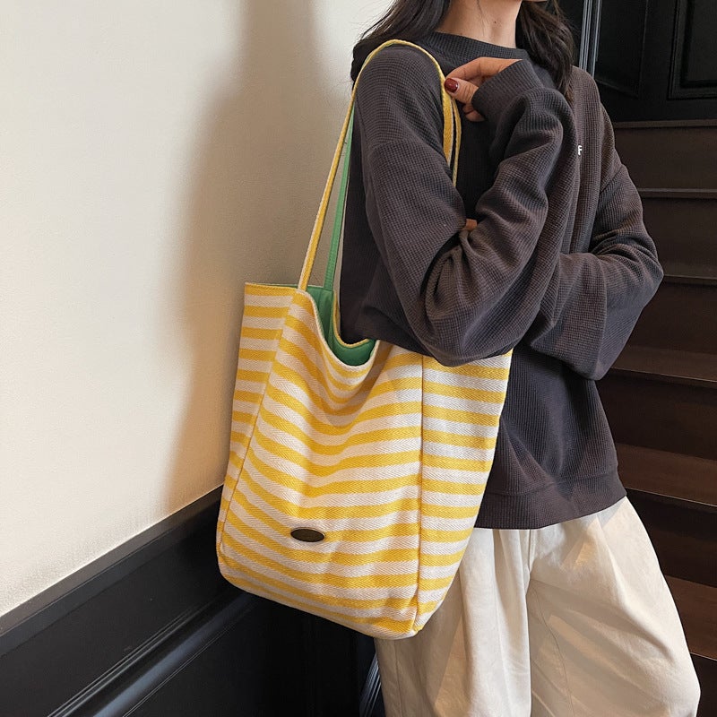 Canvas Bag Women'S Large Capacity Dopamine Summer Casual Striped Shoulder Bag Shopping Bag Class Commuting Tote Bag - Image 3