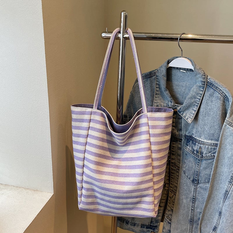 Canvas Bag Women'S Large Capacity Dopamine Summer Casual Striped Shoulder Bag Shopping Bag Class Commuting Tote Bag - Image 1