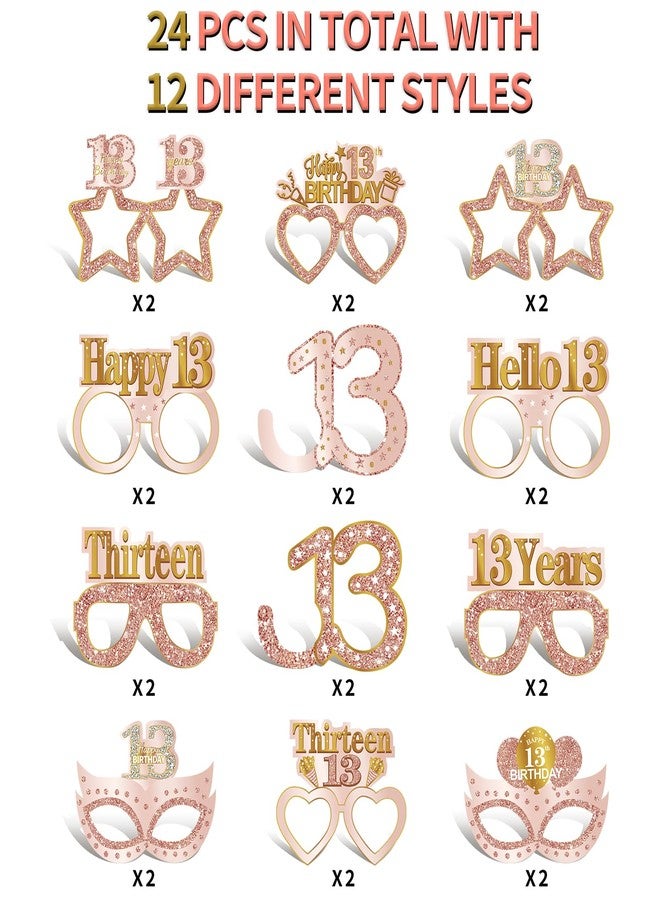 Guiruiy 24PCS 13th Birthday Paper Eyeglasses Decorations for Girls, Pink Rose Gold Happy 13th Birthday Eyeglasses Party Supplies, Funny 13 Year Old Birthday Thirteen Teenager Glasses Decor - Image 3