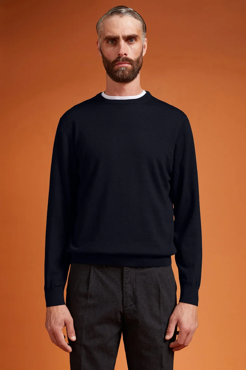 Men's regular fit crew neck jumper in 100% extra fine merino wool - DK Blue