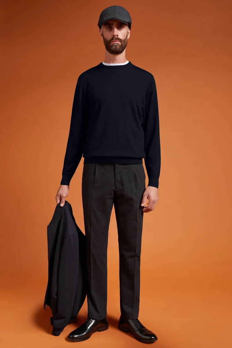 Doppelganger Blue Men's regular fit crew neck jumper in 100% extra fine merino wool - DK Blue for Men | Best Price UAE