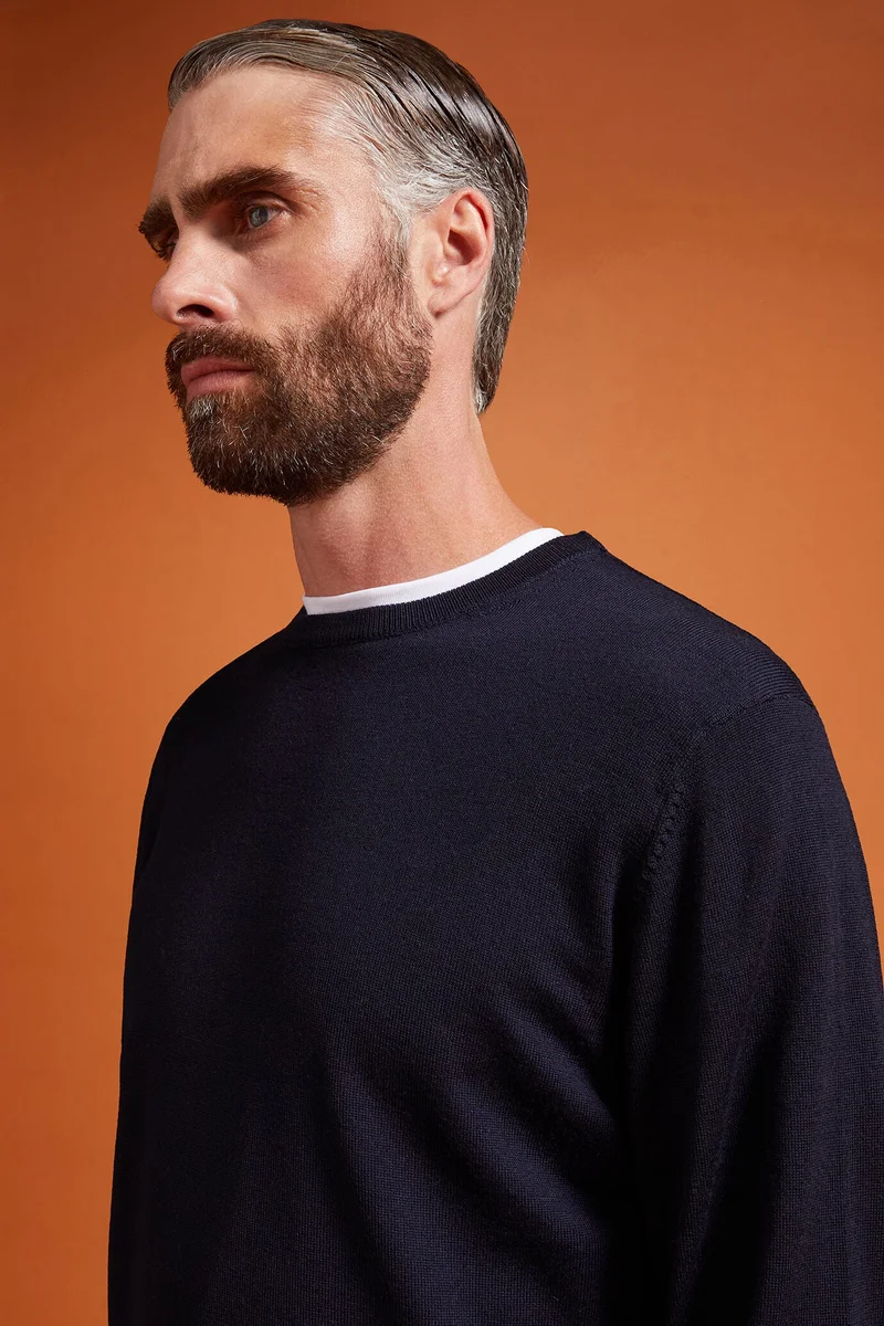 Doppelganger Blue Men's regular fit crew neck jumper in 100% extra fine merino wool - DK Blue for Men | Best Price UAE