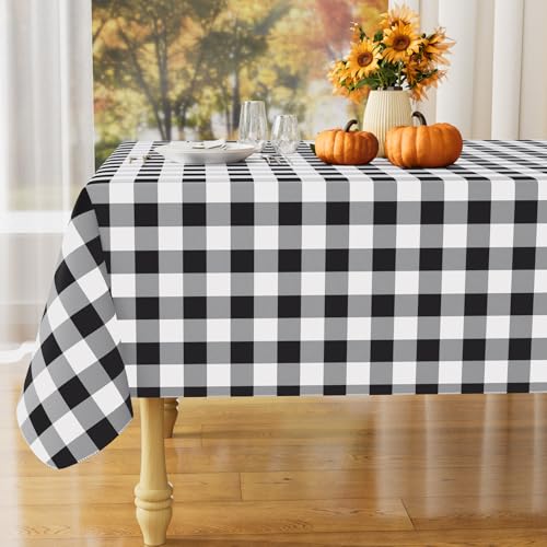 misaya Rectangle Waterproof Vinyl Table Cloth, Buffalo Flannel Backed Tablecloth, Wipeable Plastic Table Cover for Dinner, Kitchen, Outdoor (60" x 84", Black and White) - Image 1