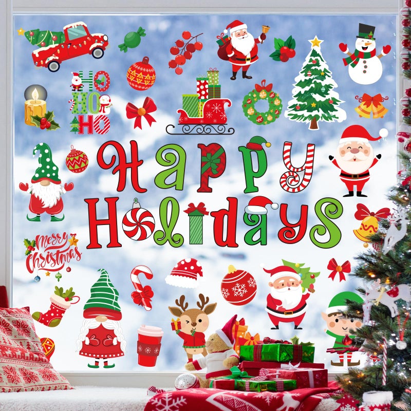 Whaline 9 Sheets Christmas Window Cling Stickers Xmas Red Green Cartoon Reusable Window Decals for Holiday Party Home Office Classroom Decoration - Image 1