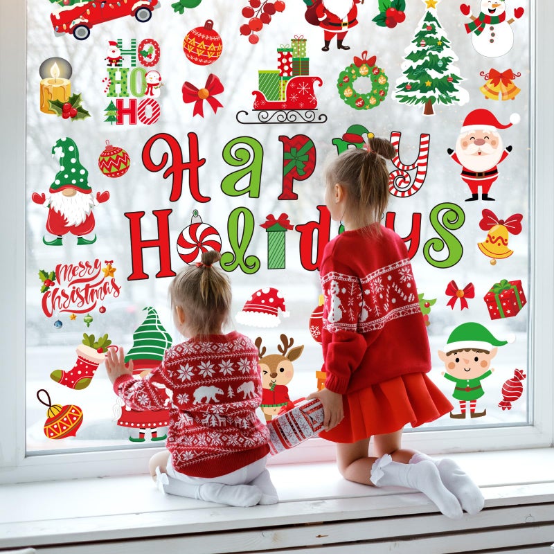 Whaline 9 Sheets Christmas Window Cling Stickers Xmas Red Green Cartoon Reusable Window Decals for Holiday Party Home Office Classroom Decoration - Image 4