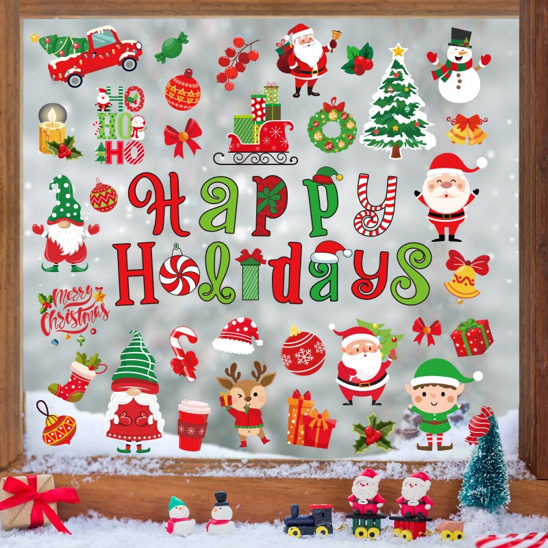 Whaline 9 Sheets Christmas Window Cling Stickers Xmas Red Green Cartoon Reusable Window Decals for Holiday Party Home Office Classroom Decoration - Image 5