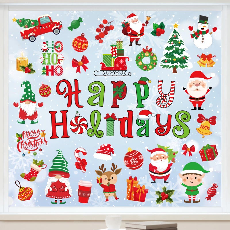 Whaline 9 Sheets Christmas Window Cling Stickers Xmas Red Green Cartoon Reusable Window Decals for Holiday Party Home Office Classroom Decoration - Image 3