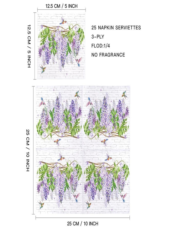 WRAPAHOLIC 25Pcs Floral Cocktail Napkins - 3-Ply Wisteria Vine and Hummingbirds Disposable Paper Napkins for Wedding, Baby Shower, Birthday, Tea Party - 5 x 5 In - Image 2