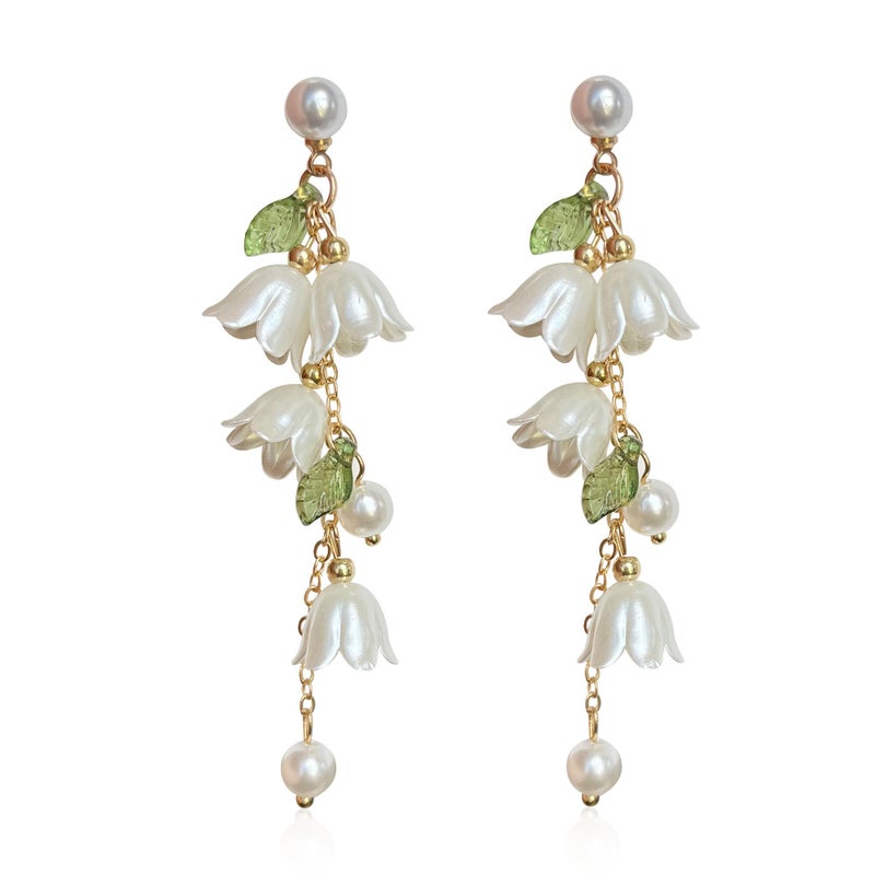 Aishgjia Dangle Flower Leaf Earring White Fairy Flower Earrings Summer Dangling Long Tassel Earrings Lily Of The Valley Earrings Jewelry (Earring) - Image 1