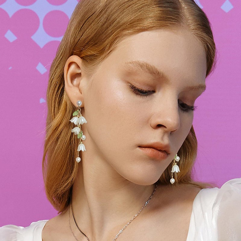 Aishgjia Dangle Flower Leaf Earring White Fairy Flower Earrings Summer Dangling Long Tassel Earrings Lily Of The Valley Earrings Jewelry (Earring) - Image 3