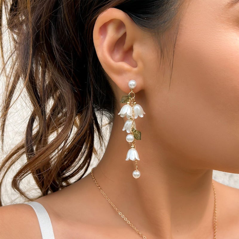 Aishgjia Dangle Flower Leaf Earring White Fairy Flower Earrings Summer Dangling Long Tassel Earrings Lily Of The Valley Earrings Jewelry (Earring) - Image 5