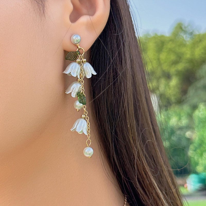 Aishgjia Dangle Flower Leaf Earring White Fairy Flower Earrings Summer Dangling Long Tassel Earrings Lily Of The Valley Earrings Jewelry (Earring) - Image 4