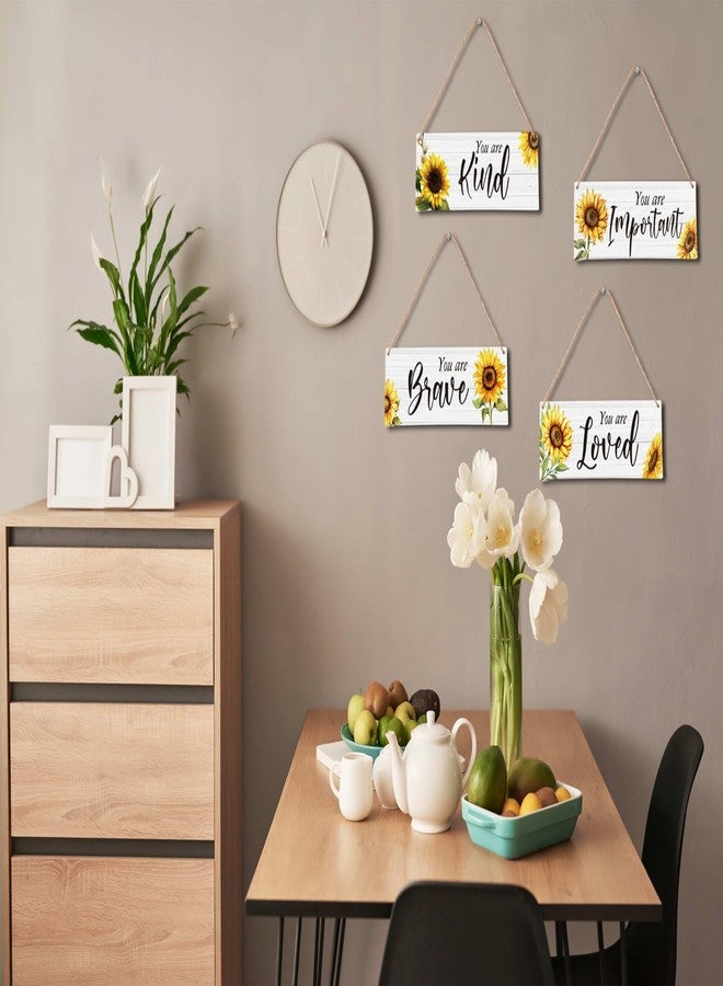 Zmyollo Inspirational Wall Decor Sign, 4 Pieces Sunflower Wooden Sign With Rope, You Are Kind Important Brave Loved Wall Art Decor For Home Bedroom Living Room, Artwork Gifts For Family Friend, B08 - Image 3