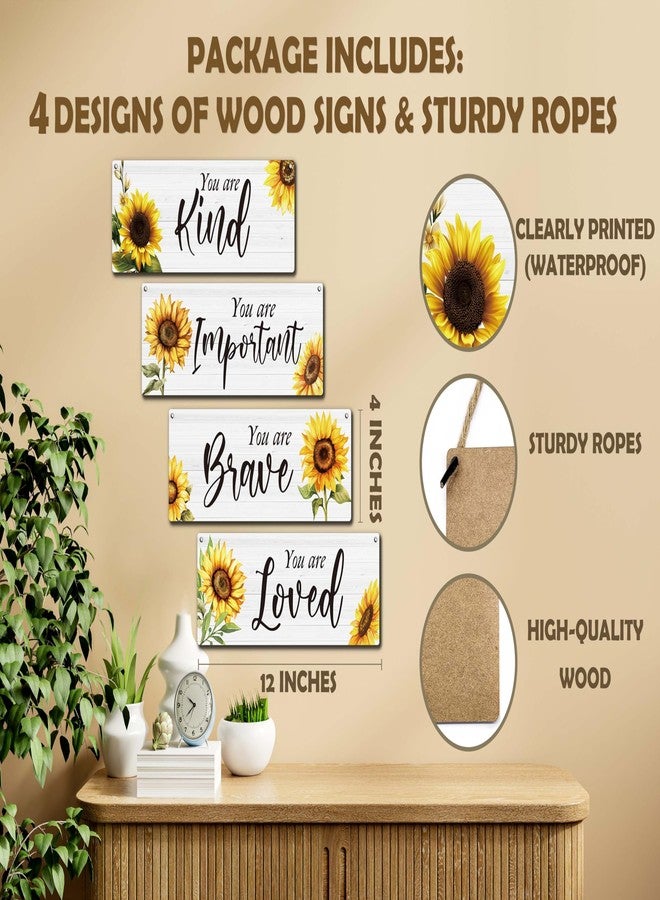 Zmyollo Inspirational Wall Decor Sign, 4 Pieces Sunflower Wooden Sign With Rope, You Are Kind Important Brave Loved Wall Art Decor For Home Bedroom Living Room, Artwork Gifts For Family Friend, B08 - Image 2